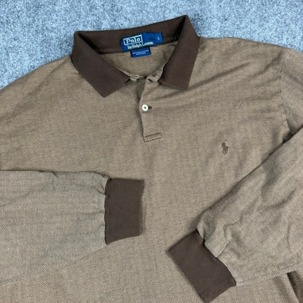 Polo Ralph Lauren Polo Shirt Mens Large Brown Herringbone Pima Long Sleeve